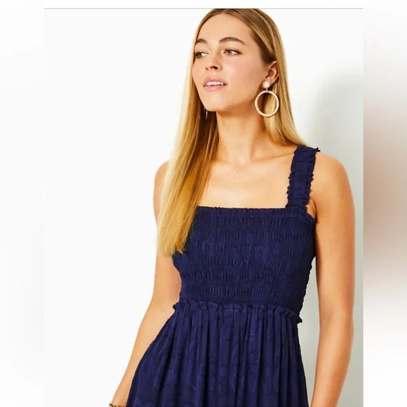Lilly Pulitzer “Hadly” Smocked Navy Blue Maxi Dress - Picture 8 of 9